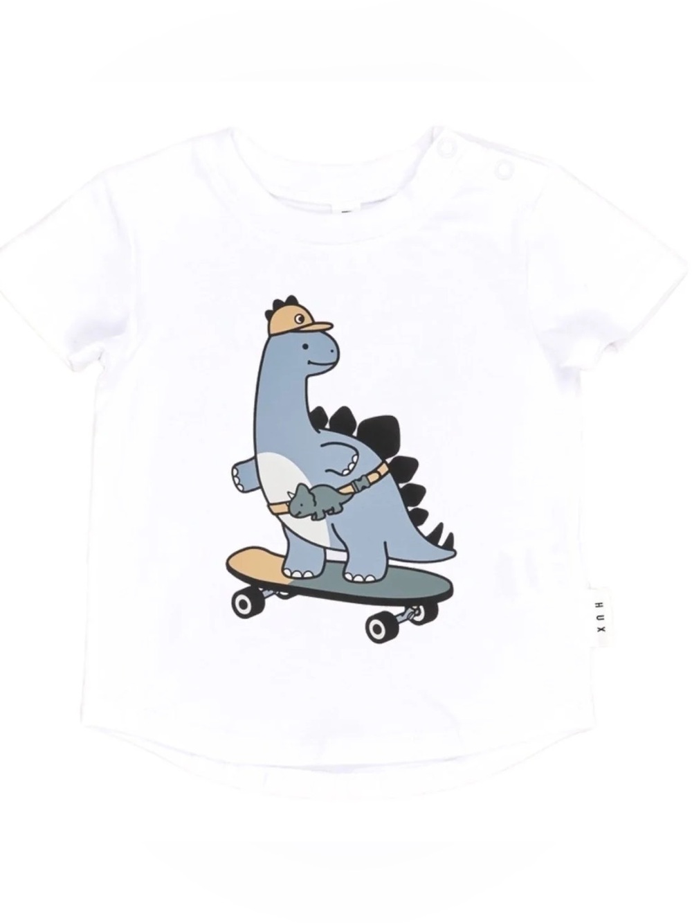 Huxbaby White Tee with Blue Dino on Skateboard